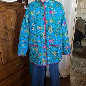 Vibrant Floral Women's Utility Jacket - Blue and Pink